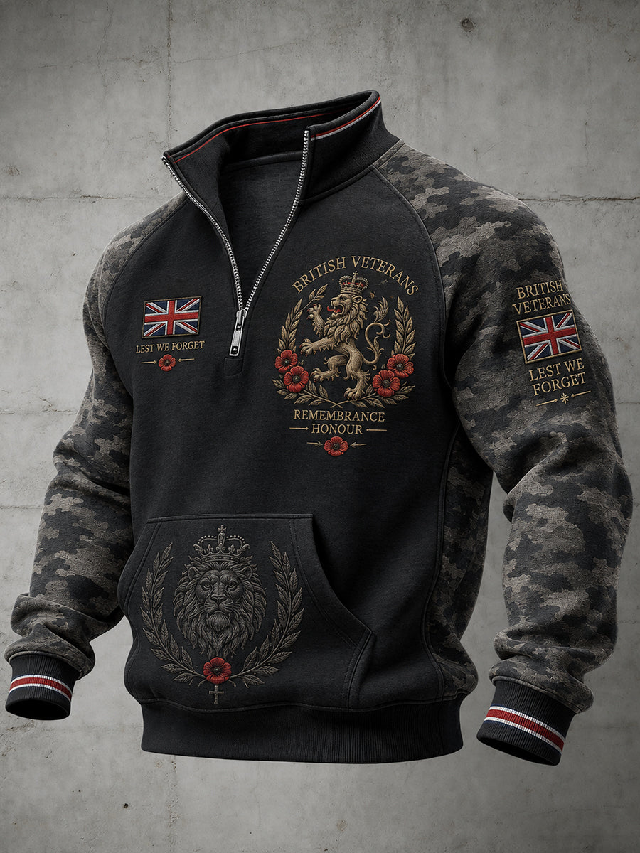 Men's Vintage Veteran-Themed Print Zip-Up Long-Sleeve Sweatshirt