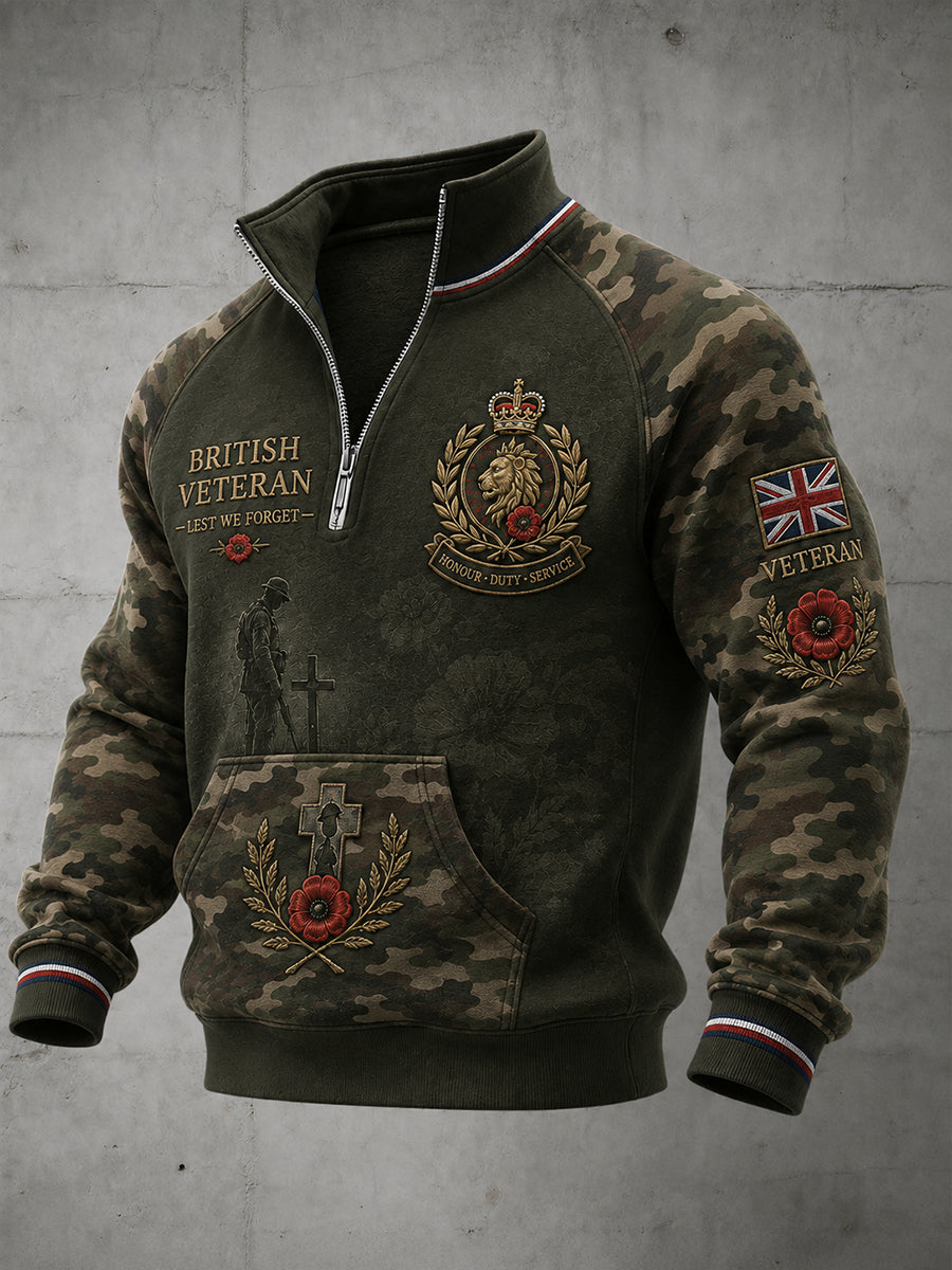Men's Vintage Veteran-Themed Print Zip-Up Long-Sleeve Sweatshirt