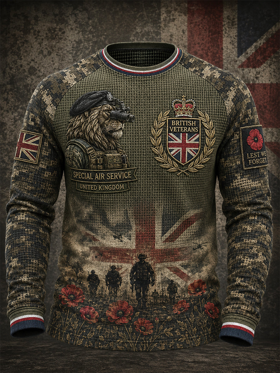 Men's Vintage Camouflage Military-Style Print Waffle-Knit Long-Sleeve Top