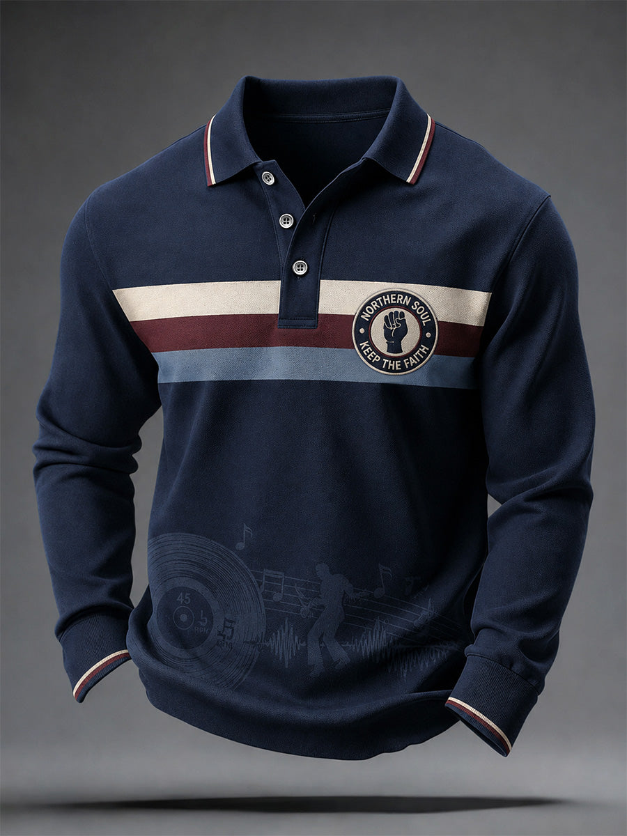 Men's Retro Northern Soul Keep The Faith Print Casual Long Sleeve Polo