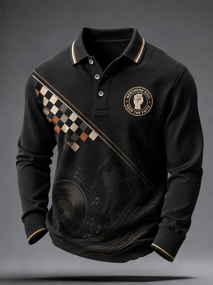 Men's Retro Northern Soul Keep The Faith Print Casual Long Sleeve Polo