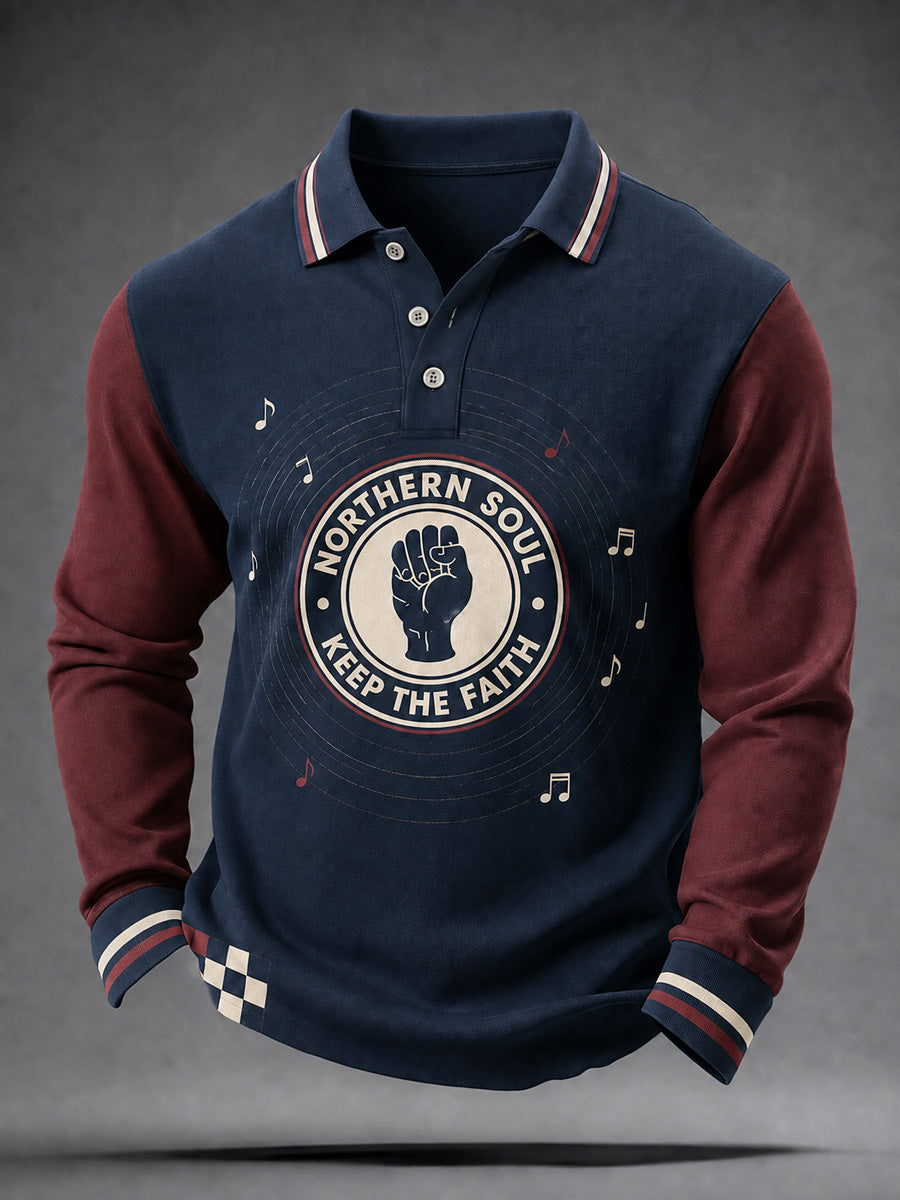 Men's Retro Northern Soul Keep The Faith Print Casual Long Sleeve Polo