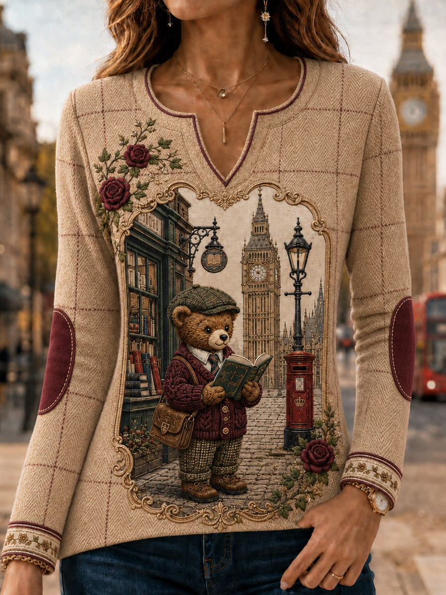 Women's London Bear Art Printed Long Sleeve T-shirt