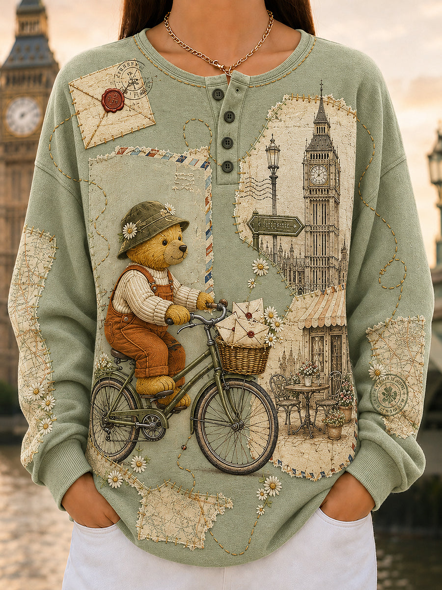 Women's London Bear Art Printed Long Sleeve Henley Shirt