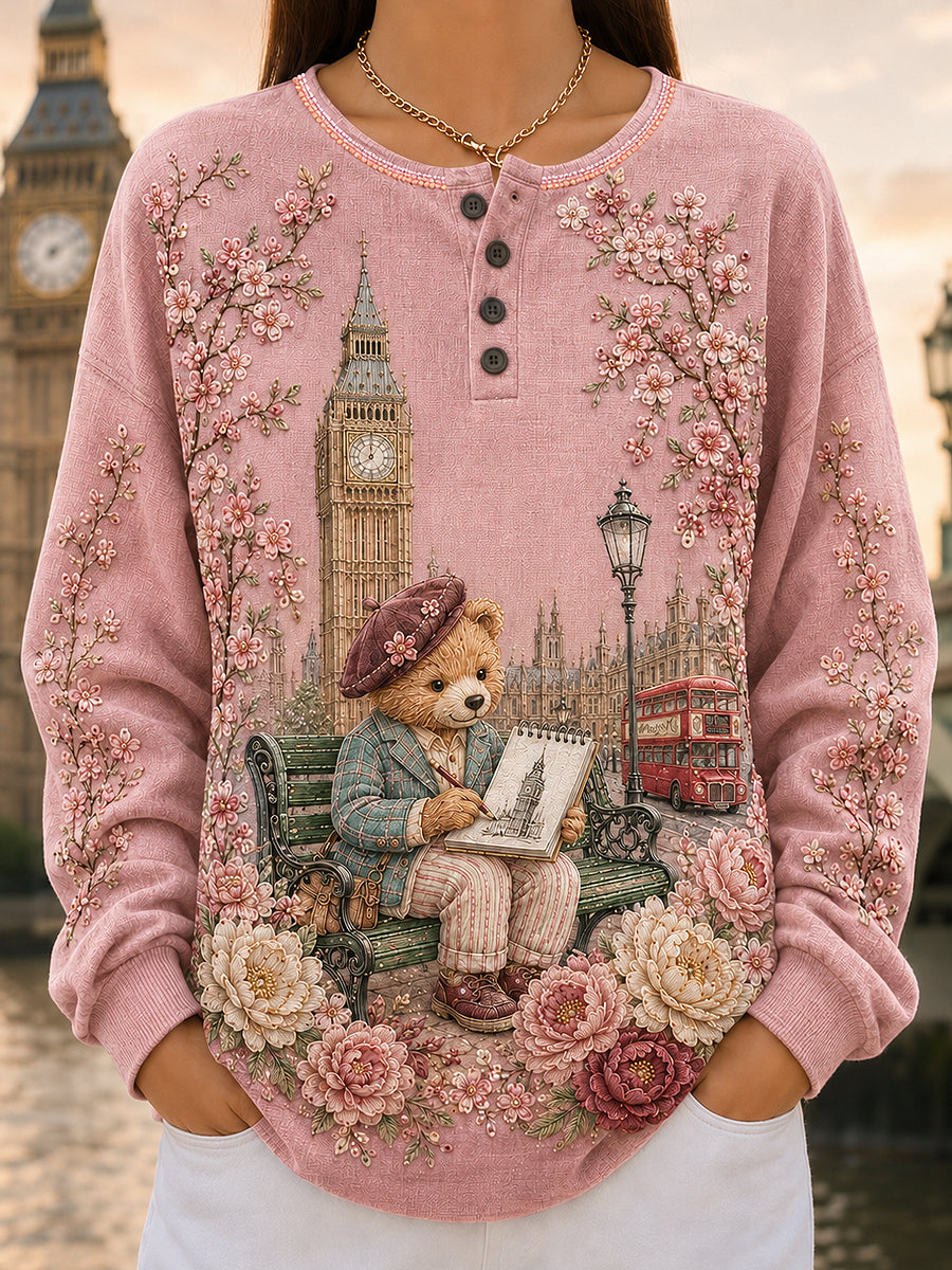 Women's London Bear Art Printed Long Sleeve Henley Shirt
