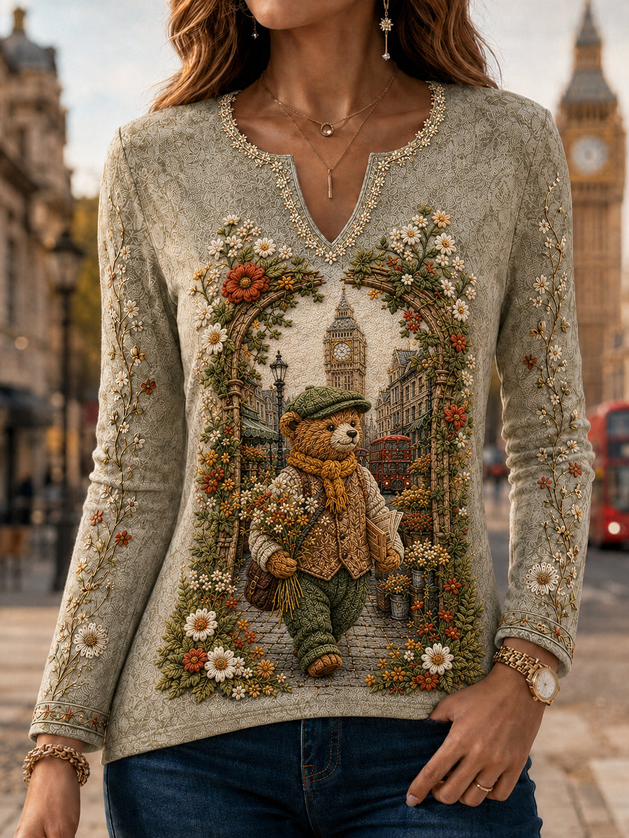Women's London Bear Art Printed Long Sleeve T-shirt