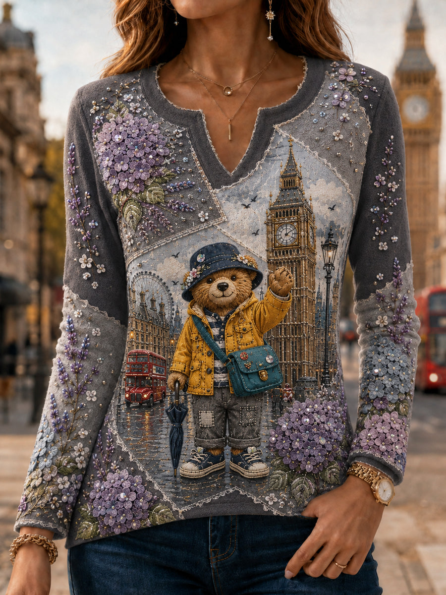 Women's London Bear Art Printed Long Sleeve T-shirt
