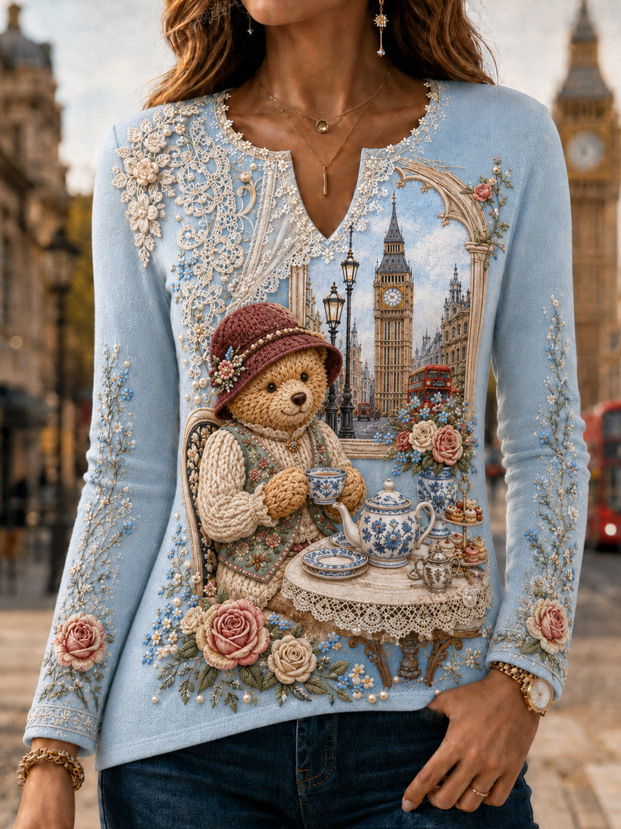 Women's London Bear Art Printed Long Sleeve T-shirt
