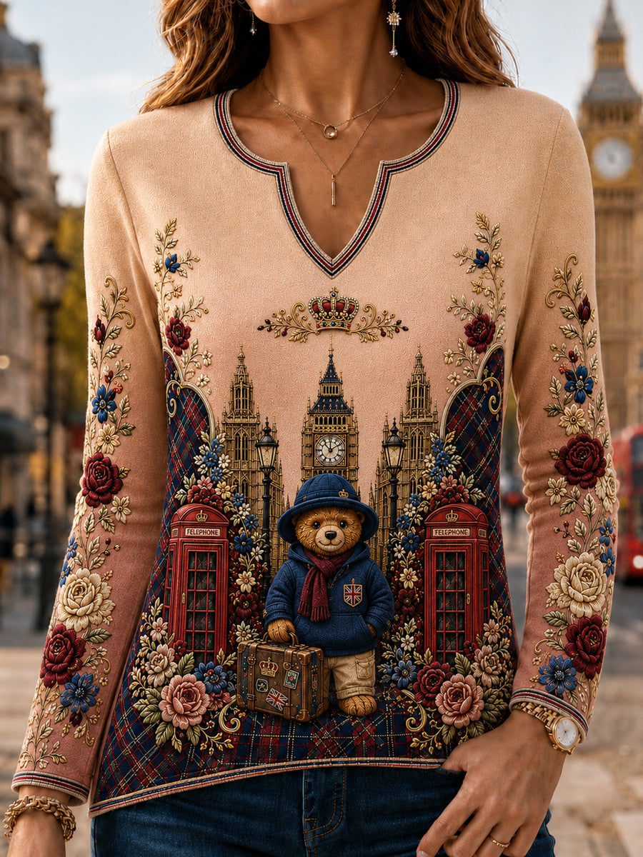 Women's London Bear Art Printed Long Sleeve T-shirt