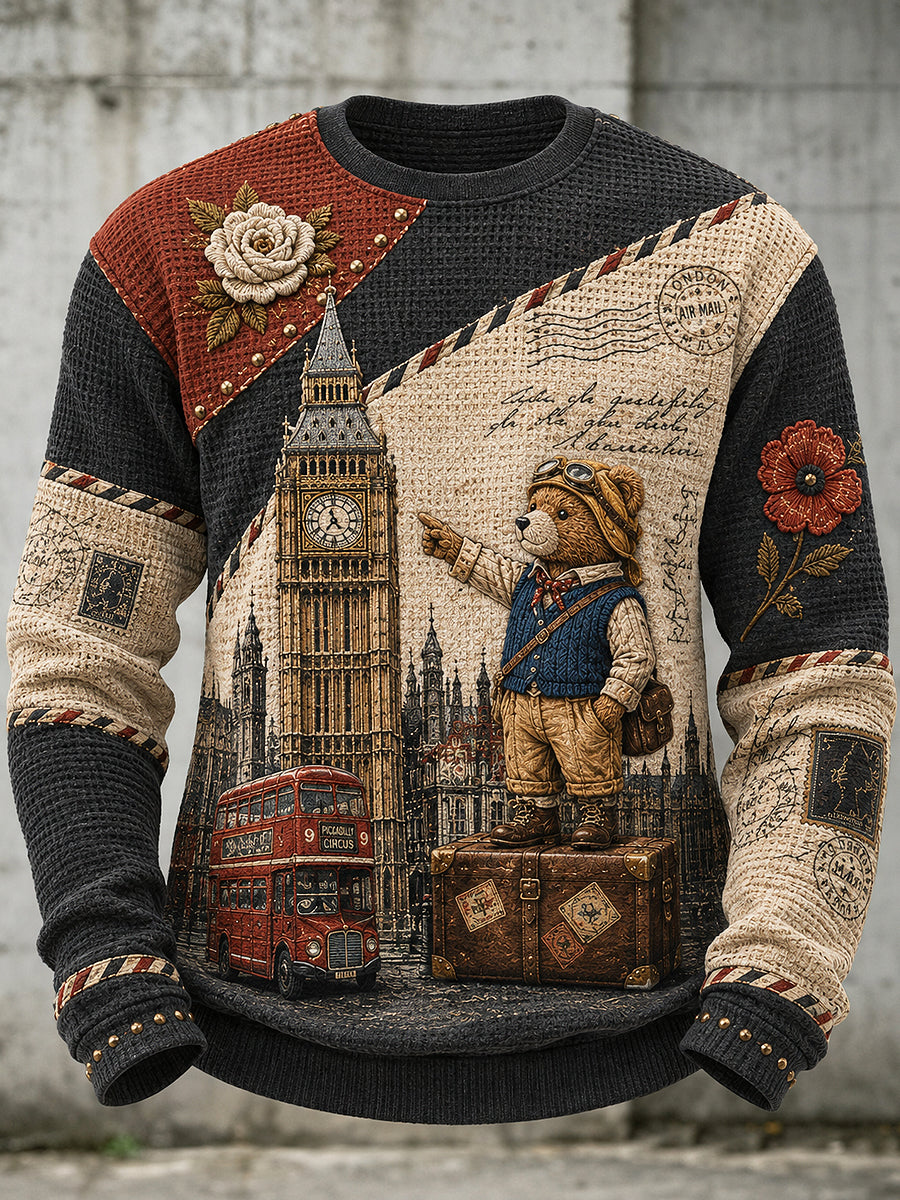 Men's London Bear Printed Waffle Long Sleeved Round Neck Sweatshirt