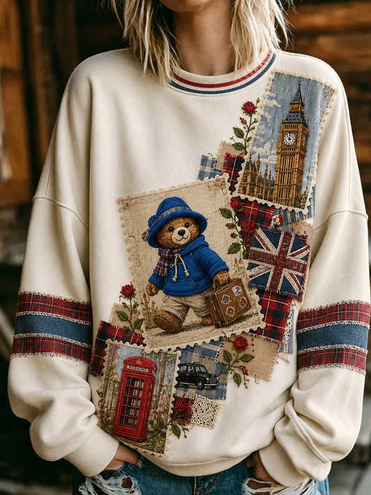 Women's London Bear Printed Round-Neck Long-Sleeved Sweatshirt