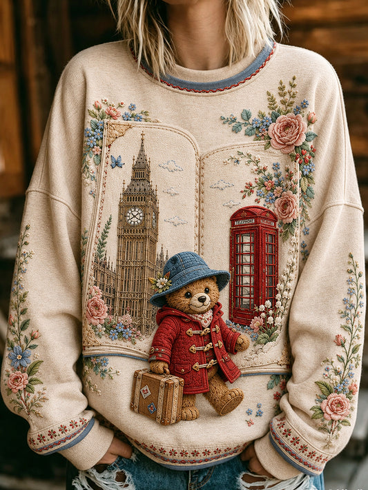 Women's London Bear Printed Round-Neck Long-Sleeved Sweatshirt