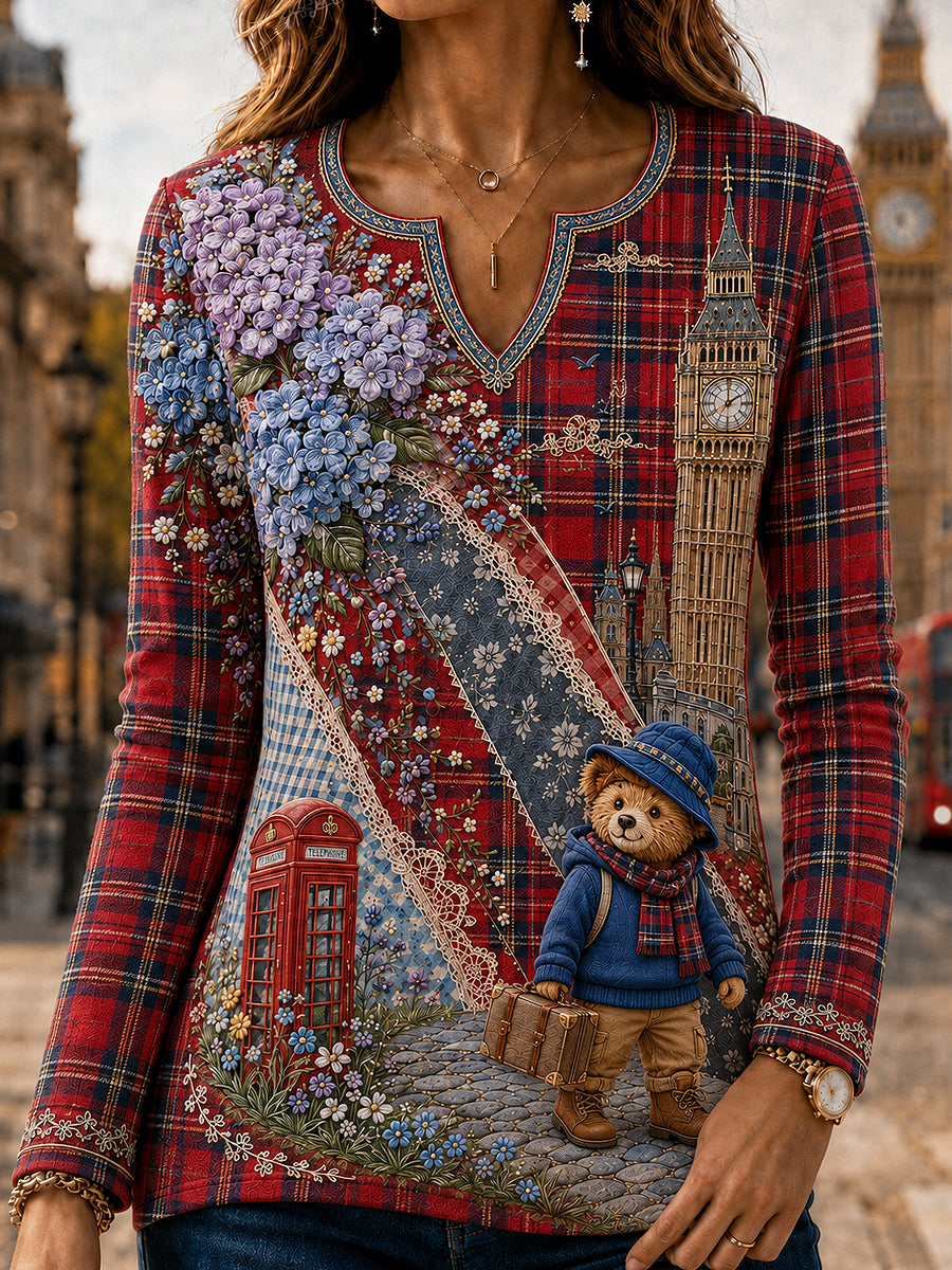 Women's London Bear Art Printed Long Sleeve T-shirt