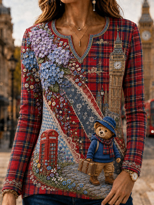 Women's London Bear Art Printed Long Sleeve T-shirt