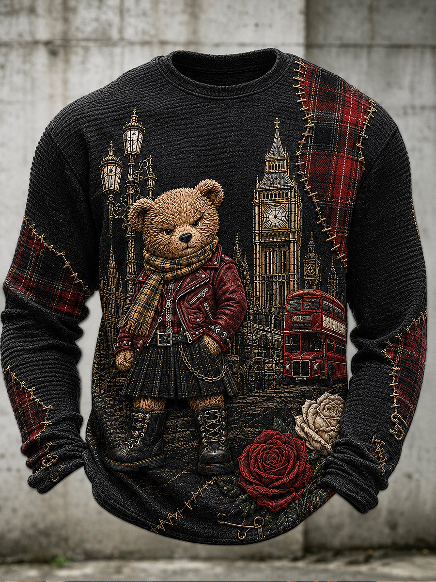 Men's London Bear Printed Waffle Long Sleeved Round Neck Sweatshirt