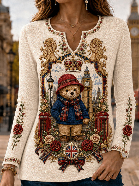 Women's London Bear Art Printed Long Sleeve T-shirt