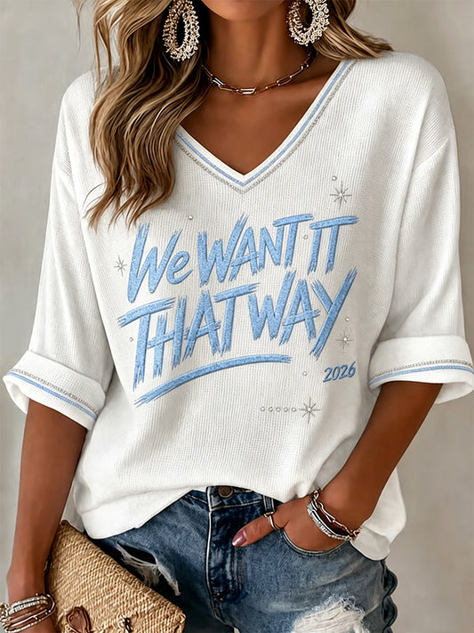 Women's Retro 90s Music Inspired Graphic Print Casual Waffle V-Neck Top