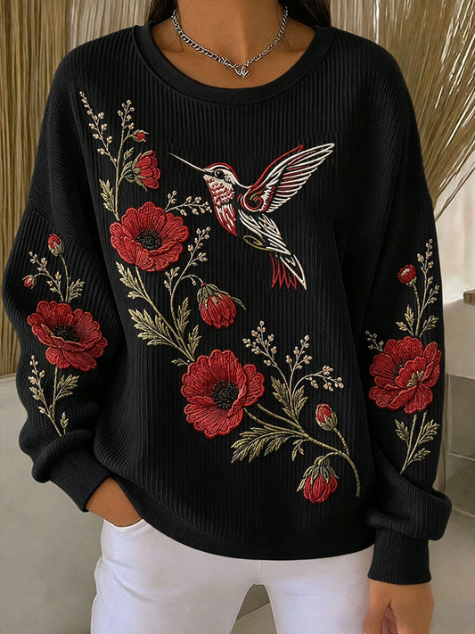 Women's Poppy Hummingbird & Lest We Forget Ribbed Round-Neck Sweatshirt