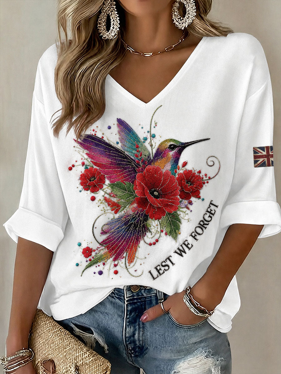 Women's Poppy Hummingbird & Lest We Forget Mid-length Sleeves V-Neck T-Shirt