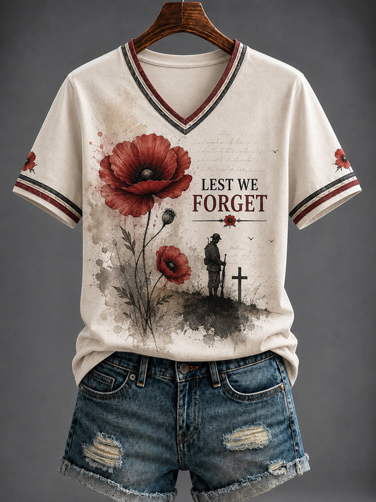 Women's Remembrance Day Printed V-neck T-shirt