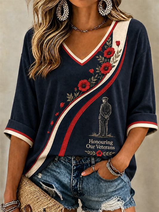 Women's British Veterans Memorial Print Casual V-Neck Tee