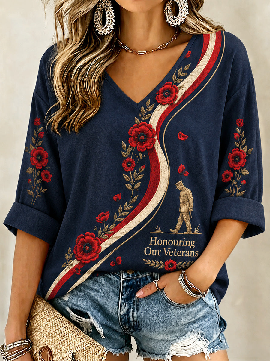 Women's British Veterans Memorial Print Casual V-Neck Tee