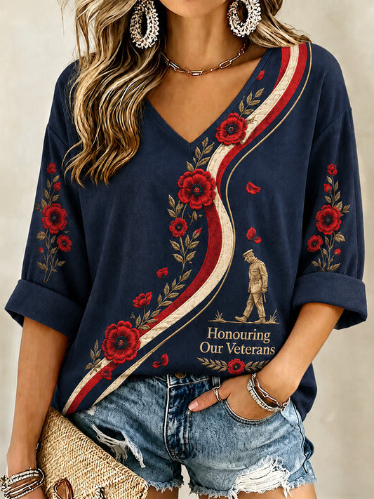 Women's British Veterans Memorial Print Casual V-Neck Tee