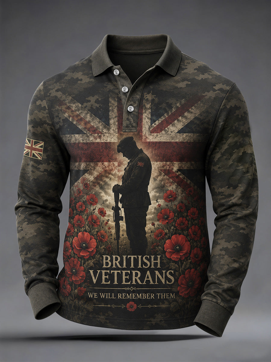 Men's British Veterans Memorial Print Casual Long Sleeve Polo