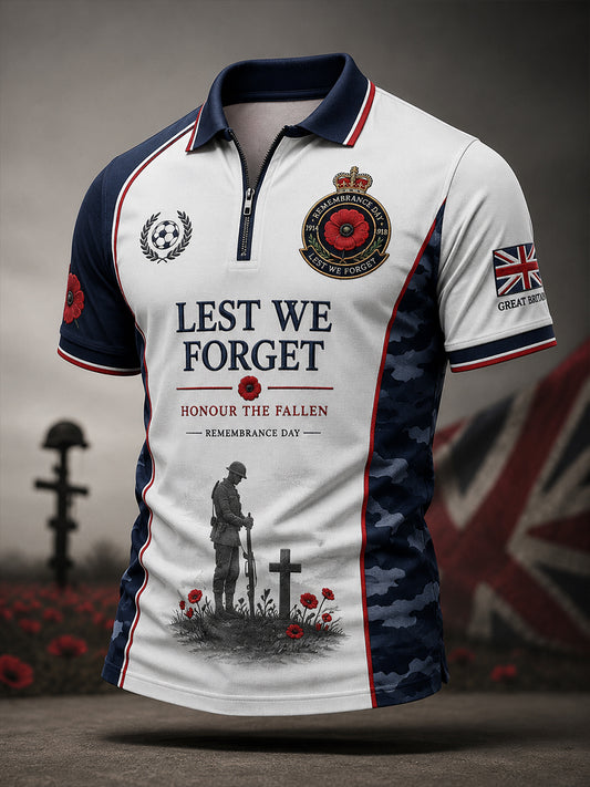 Men's Short-Sleeve Zip-Front Polo Shirt With Remembrance Day Themed Print