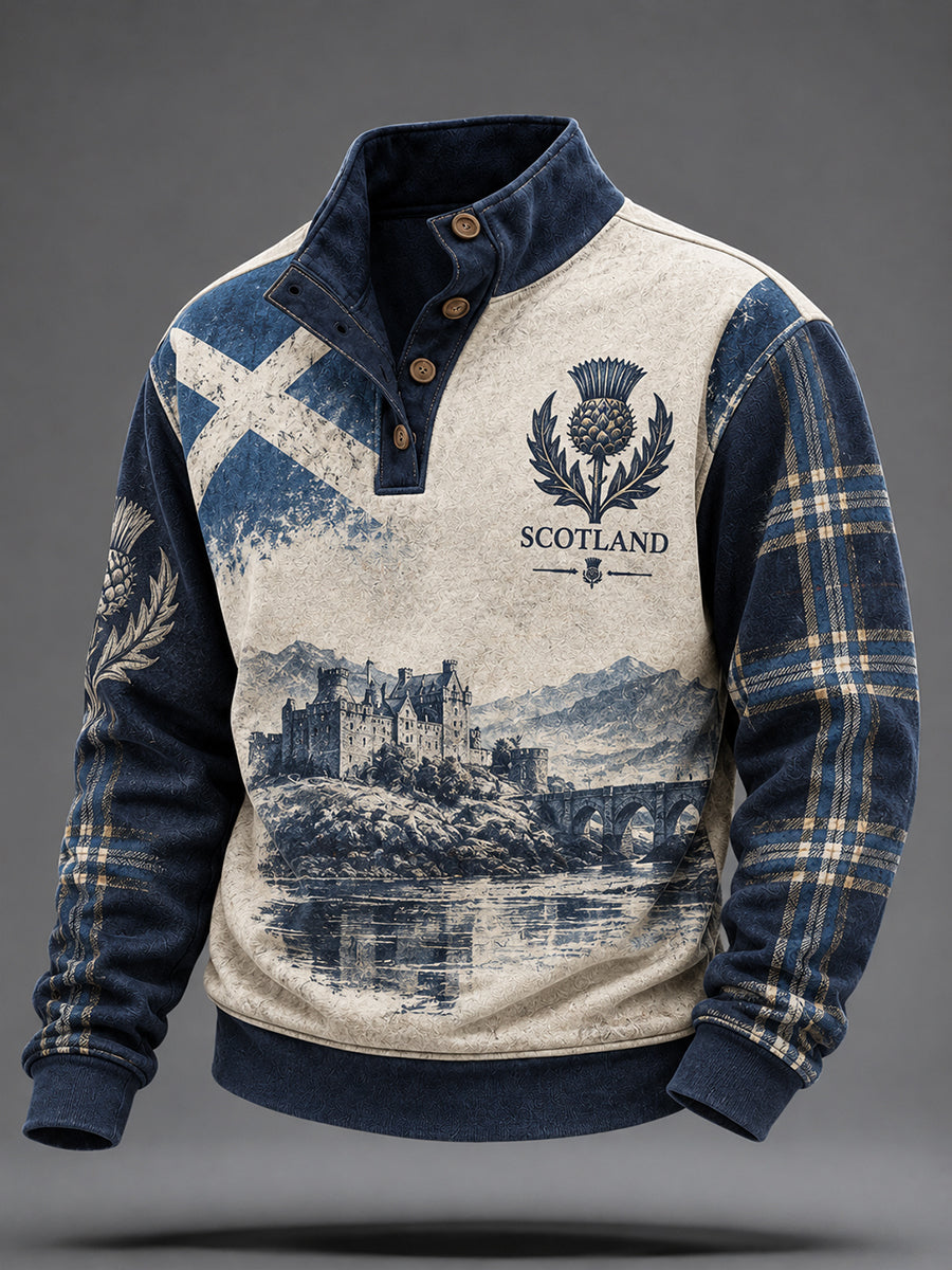 Men's Scotland Graphic Button Stand‑Collar Sweatshirt
