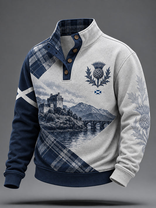 Men's Scotland Graphic Button Stand‑Collar Sweatshirt