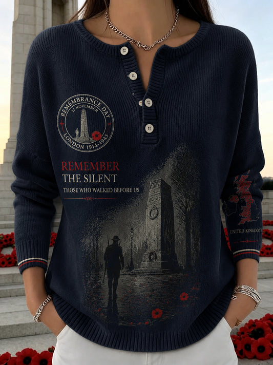 Woman's Vintage British Rememberance Day-Themed Printed Long-sleeve Cardigan